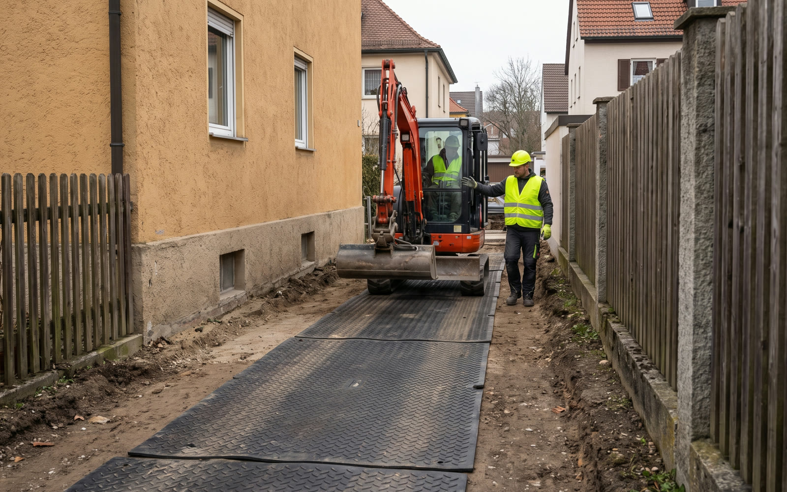 Minibagger fährt über Fahrmatten durch einen schmalen Hausdurchgang