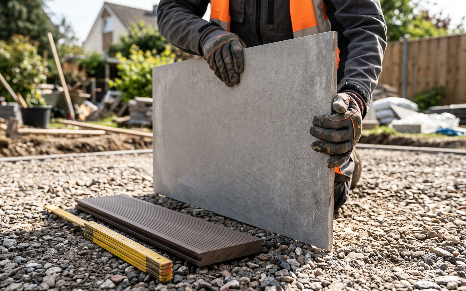 Hände vergleichen Platten- und Holzmuster auf der Baustelle