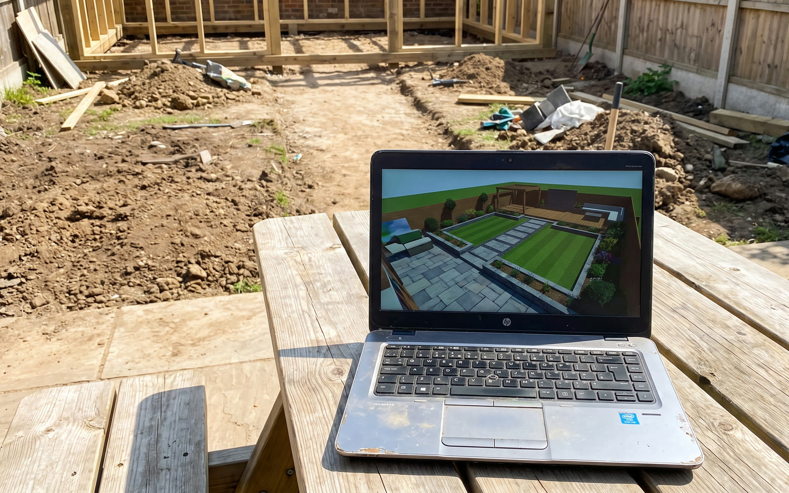 Laptop mit 3D-Visualisierung eines Gartens, dahinter die noch unfertige Fläche