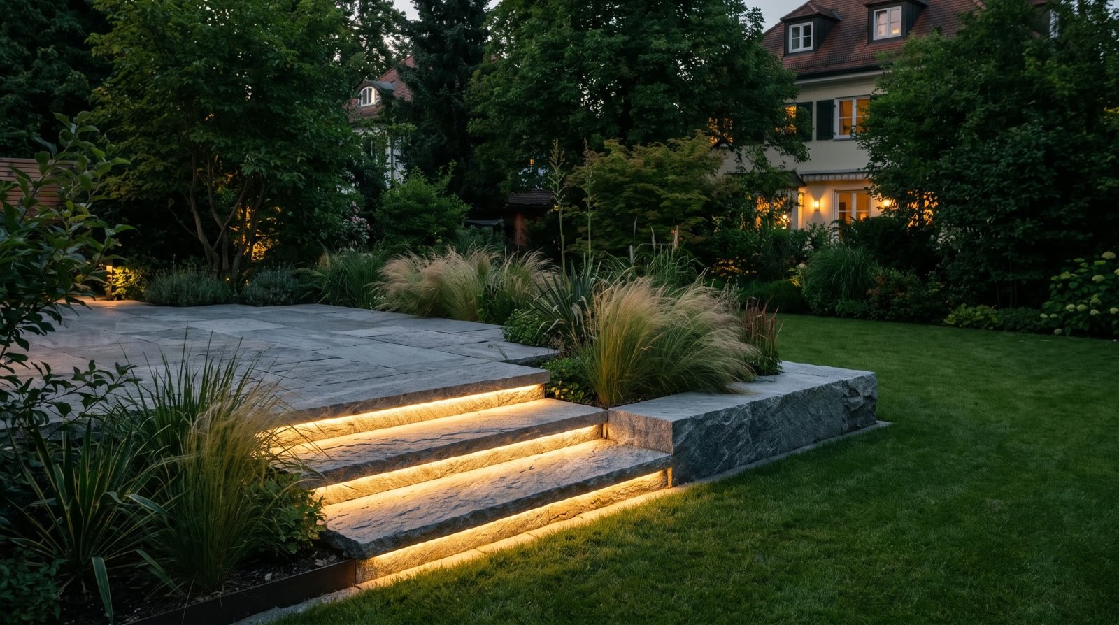 Naturstein-Terrasse mit Sitzstufen — Beispiel-Visualisierung